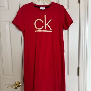 Calvin Klein Red Logo Short Sleeve T-Shirt Dress-NWT $49.00 Red & Gold Text